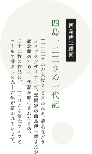 四島一二三さん一代記　「一二三さんが大好き」と言われる、著名なグラフィックデザイナーで、童画家の西島伊三雄さんが、記念館のために一代記を絵にされたもの。　22枚の作品に、一二三さんの信念ライフとユーモア満タンの96年が描かれています。